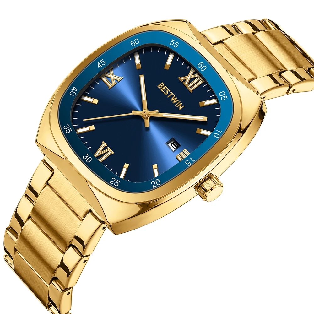 Luxury Men Watch Square Blue Dial Mens Quartz Wristwatch Gold Sliver Calendar Date Display Male Reloj Stainless Steel Man Clock