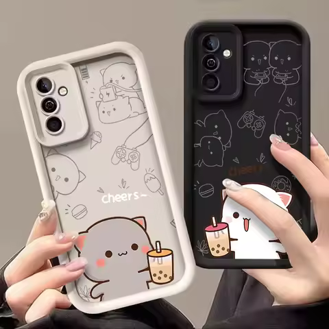 Cartoon Peach Mochi Cat Couple Case for Samsung S25 S24 S23 S22 S21 S20 Plus FE Note 20 Ultra M55 Cute Animal Paired Soft Covers