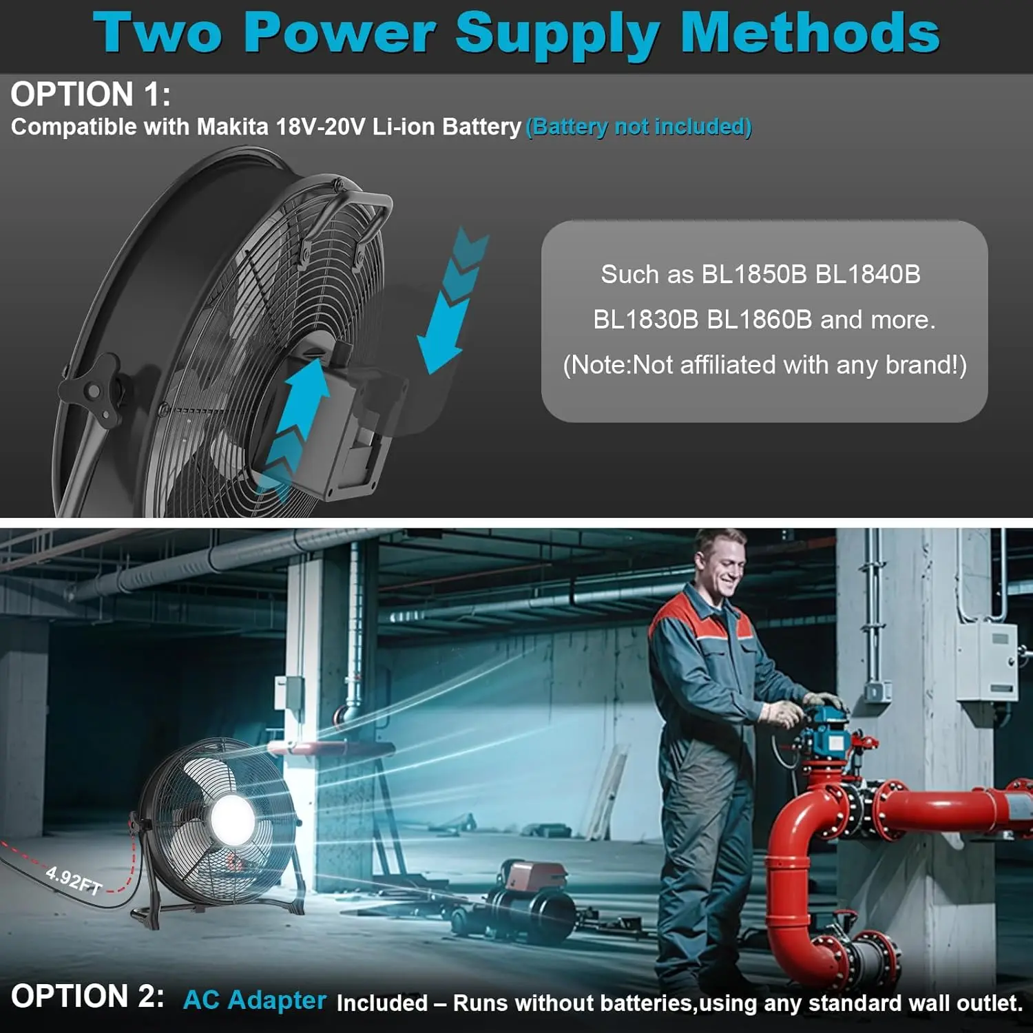 12/16 inch Battery Fan Compatible With Makita 18V Portable Fan for Camping Workshop Home Metal Industrial Stepless Speed