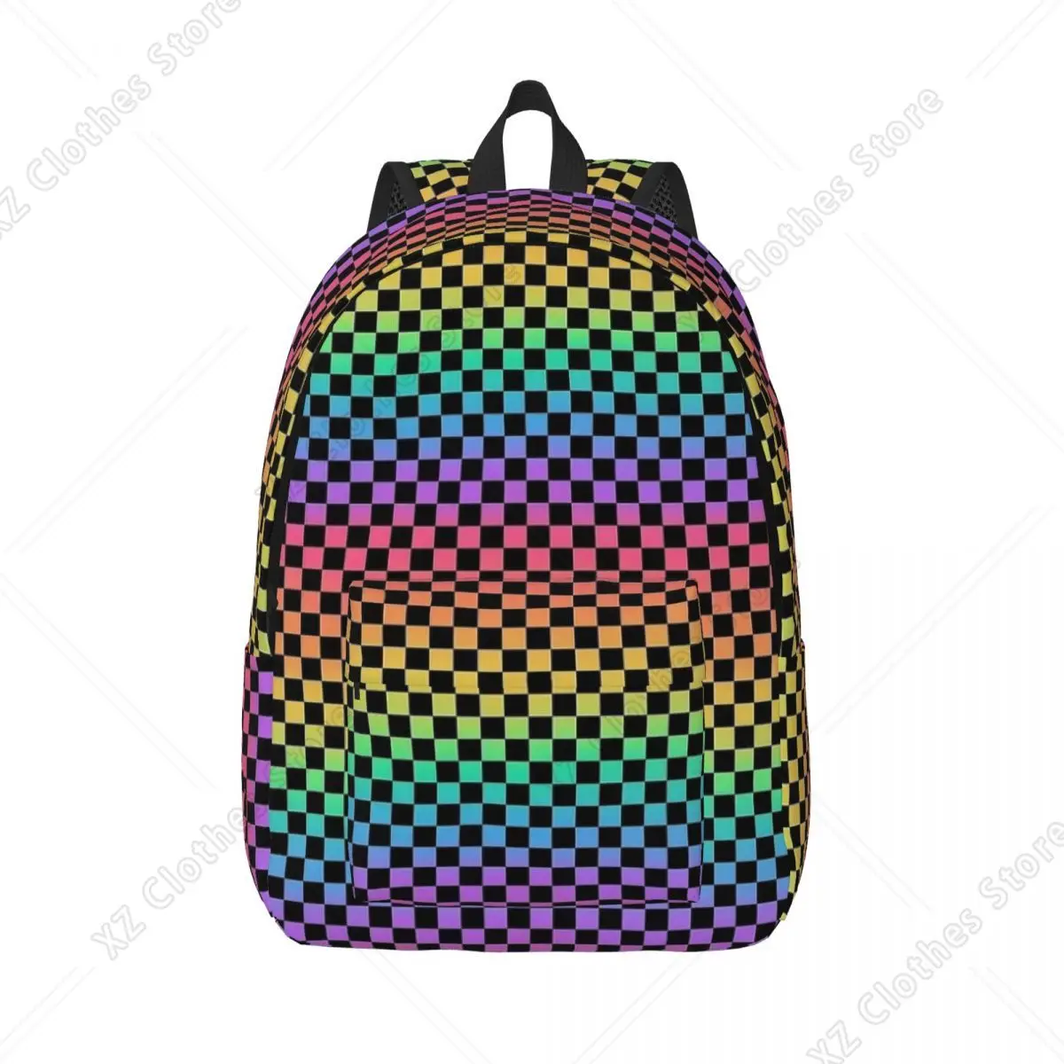 Rainbow And Black Checkerboard Backpack for Men Women Casual High School Work Daypack Neon Colorful College Shoulder Bag Outdoor