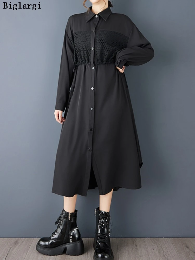 Robe chemise surdimensionnée pour femmes, ajourée, Patchwork, mode dames, ample, à volants, plissée, automne