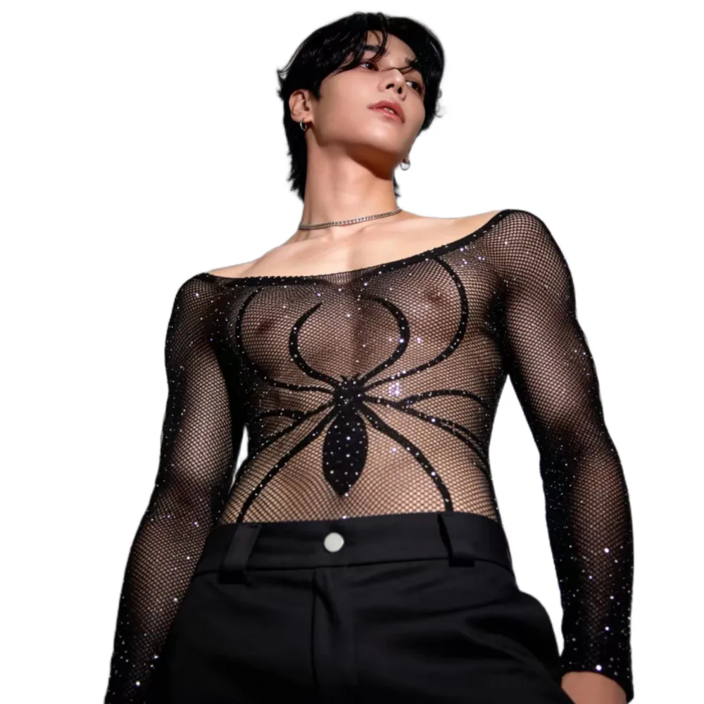 Men's Spider Print Bodysuits Rhinestone Nightgown Hot Diamond Long Sleeve Mesh Clothes for Male Autumn Winter Halloween Costumes