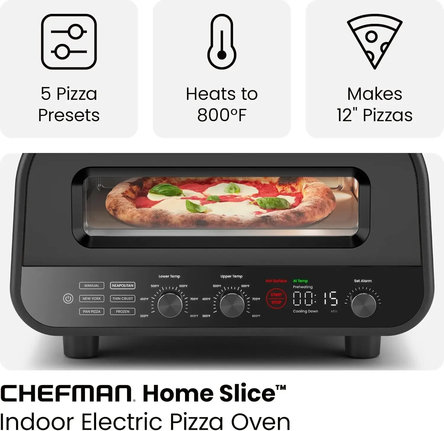 Indoor Pizza Oven - Makes 12 Inch Pizzas in Minutes, Heats up to 800°F - Countertop Electric Pizza Maker with 5 Touchscreen Pres