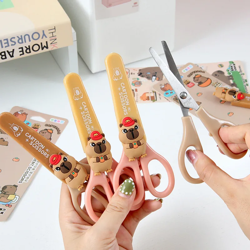 3/1 قطعة مقص قرطاسية كابيبارا لطيف رأس مستدير آمن من الفولاذ المقاوم للصدأ مقص فني قاطع الورق مع حافظة واقية