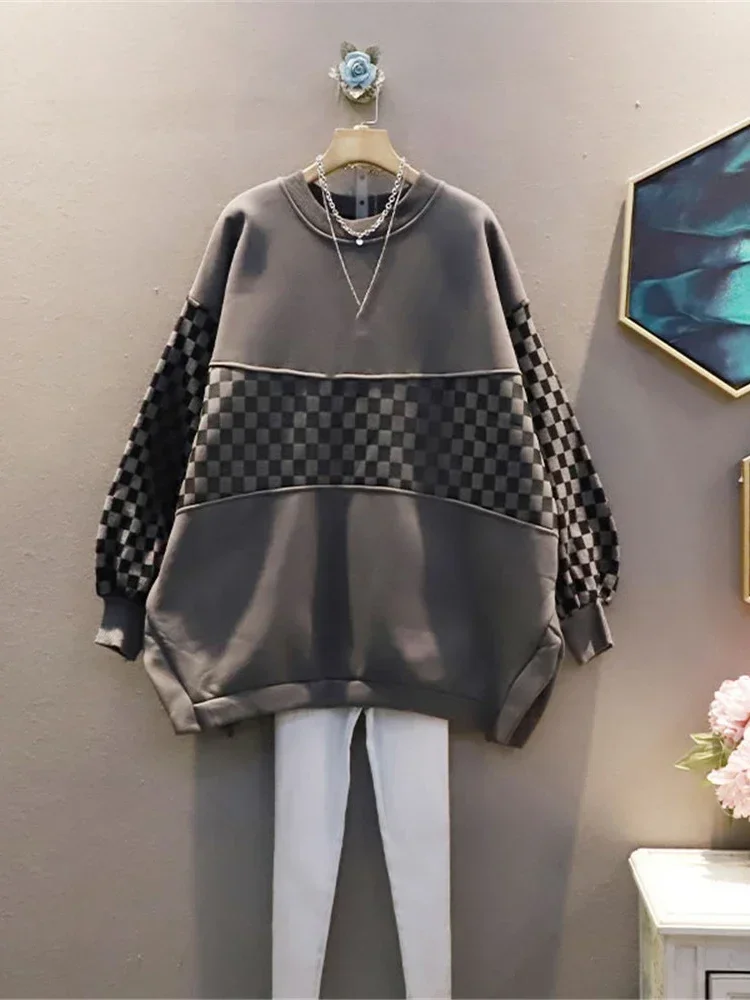 XITAO Trend Patchwork Sweatshirts 2024 Spring New Korea Casual Plaid Pattern O-neck Loose Large Size All-match Women CZH0044