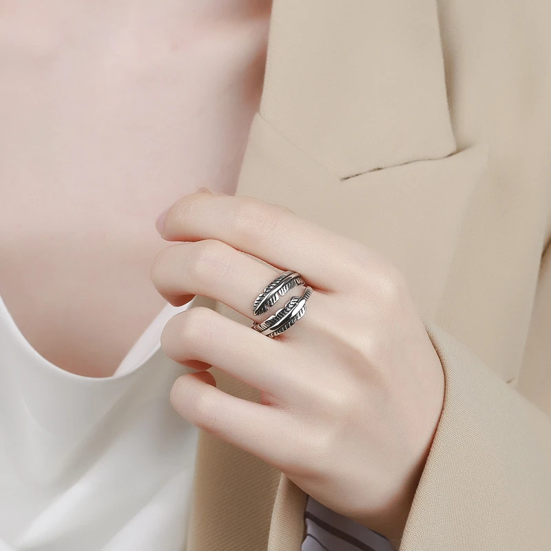Sole Memory Original Feather Retro 925 Sterling Silver Temperament Personality Female Trendy Resizable Opening Rings RI007
