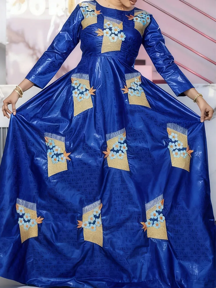 

2025 New Women's Bazin Riche Dashiki Gown Long Blue Dress for Traditional Wedding, Evening Party, Prom Night, African Clothing