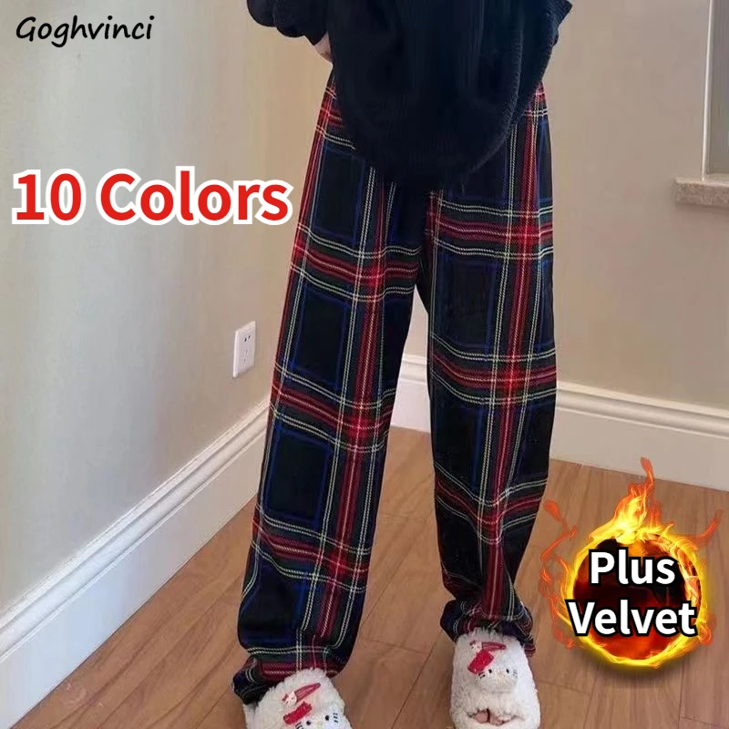 

Plaid Wide Leg Pants Women Vintage Winter Joggers Trousers High Waist Korean Fashion Students Causal Daily Plus Velvet Mopping