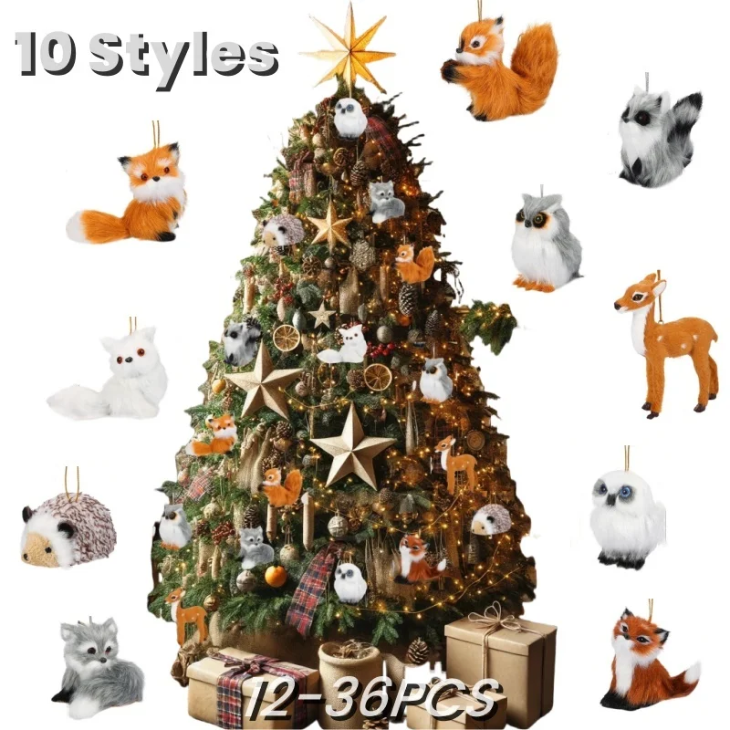 12-36PCS Woodland Animal Christmas Ornaments Hanging Ornaments Small Faux Fur Plush Animal for Christmas Tree Holiday Decor Gift