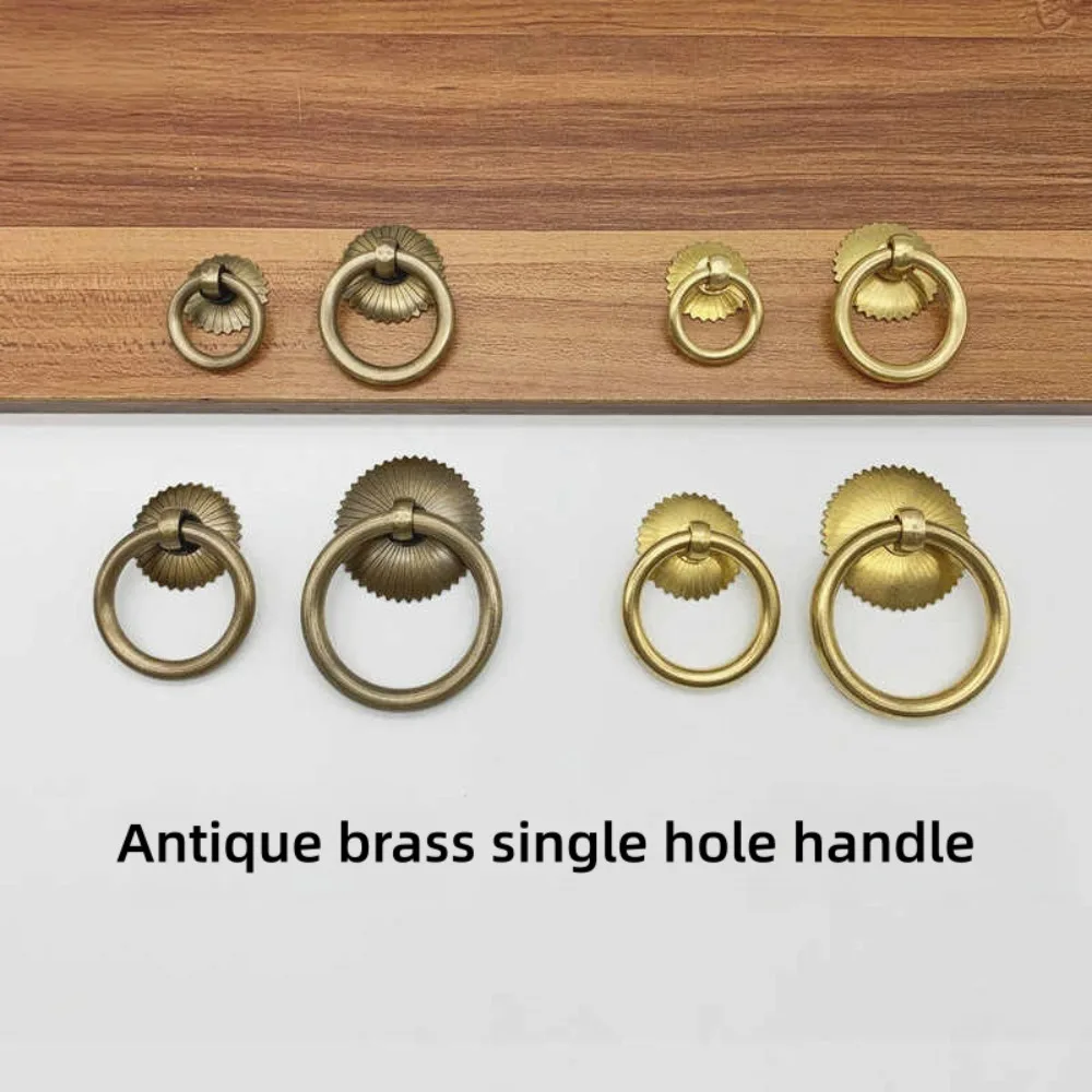 Chinese Style Pure Brass Ring Pull Handle, Single Hole Round Drawer Pull for Furniture, Cabinet Doors, Tea & Medicine Cabinets