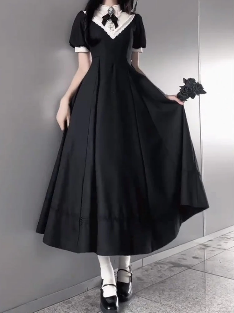 Robe Lolita gothique française élégante pour femmes, avec nœud en dentelle, Patchwork, robes de soirée douces, Slim, mode Hepburn, vêtements d'été, 2025