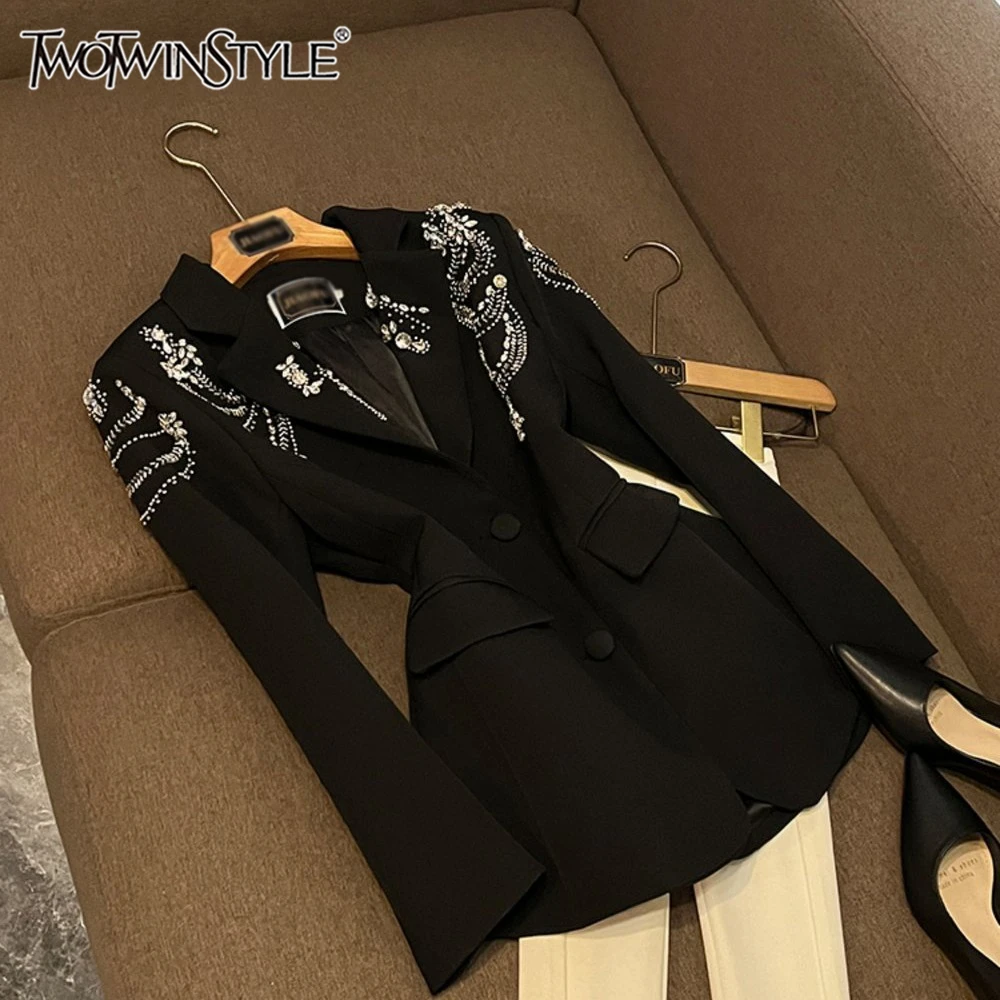 

TWOTWINSTYLE утягивающая однотонная куртка со сращенными бриллиантами для женщин, темпераментные весенние куртки с лацканами и длинными рукавами, женские новые KJA 527627