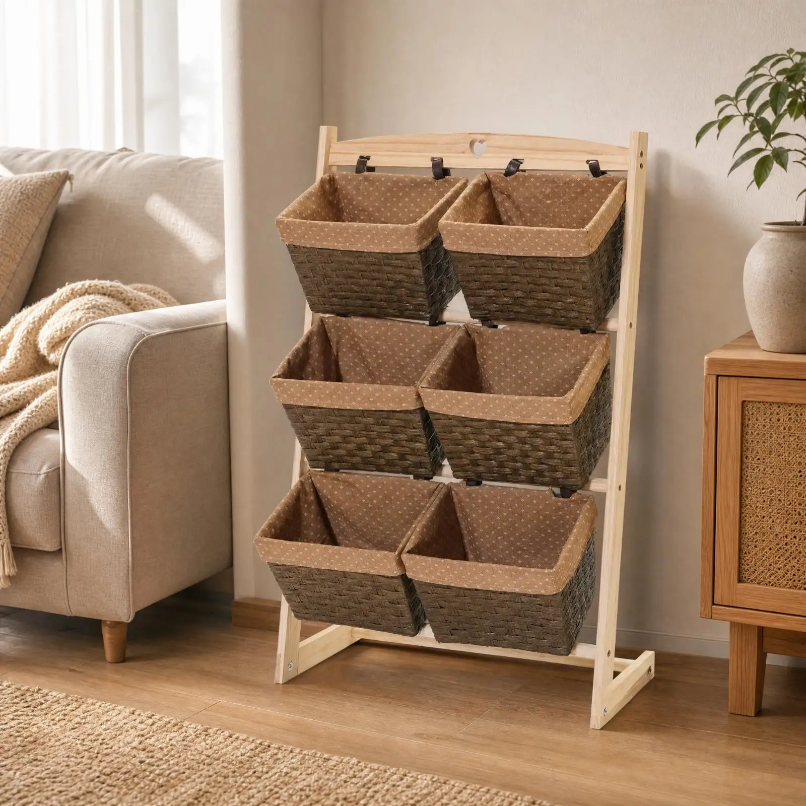Open Frame Wood Shelf with Woven Storage Baskets for Living Room Hallway Household Tidy