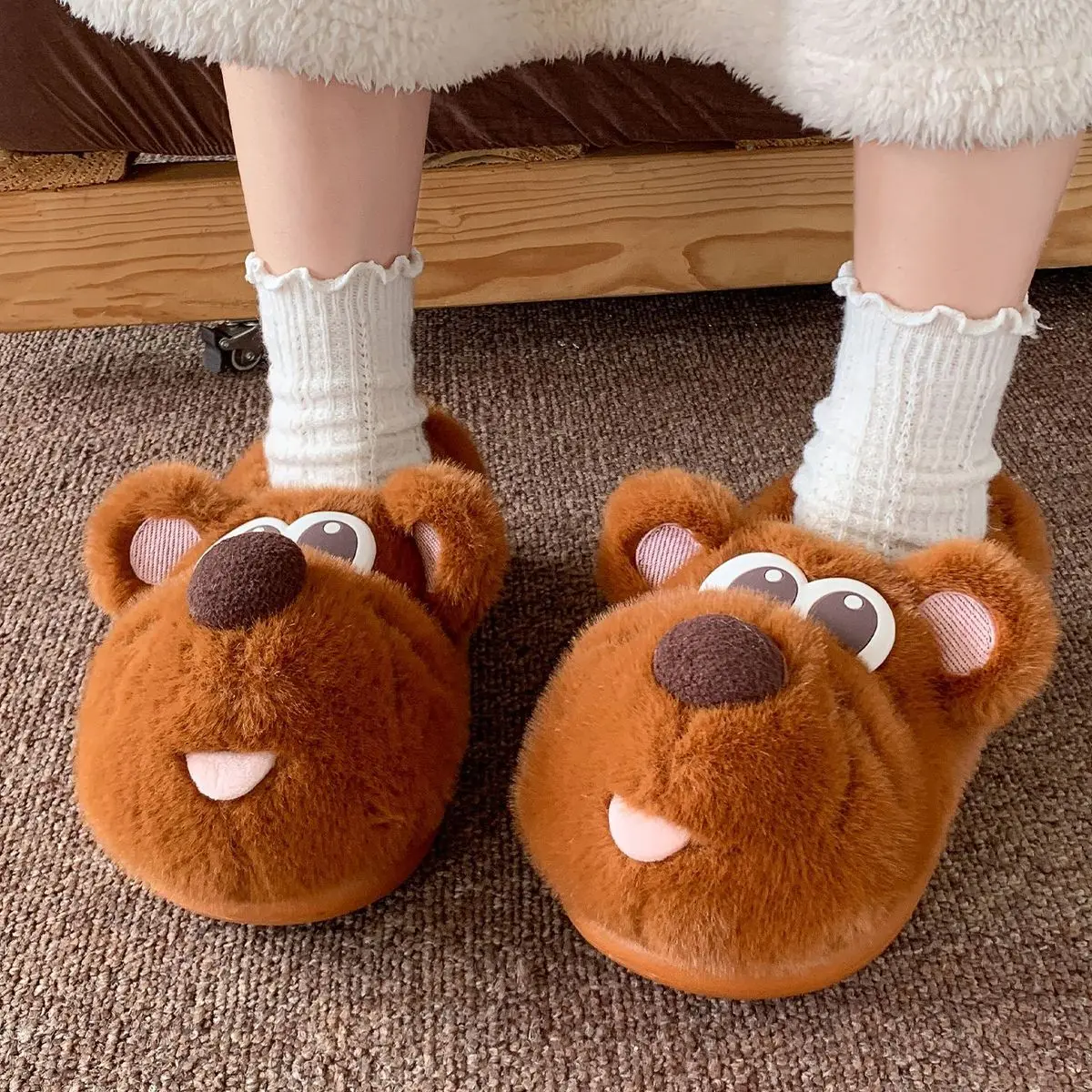 Funny Mouse Anti-Slip Plush Warm Slippers Winter Fluffy Fur Indoor Outdoor Thick Bottom Shoes Couple Plus Size Cute Cotton Shoes