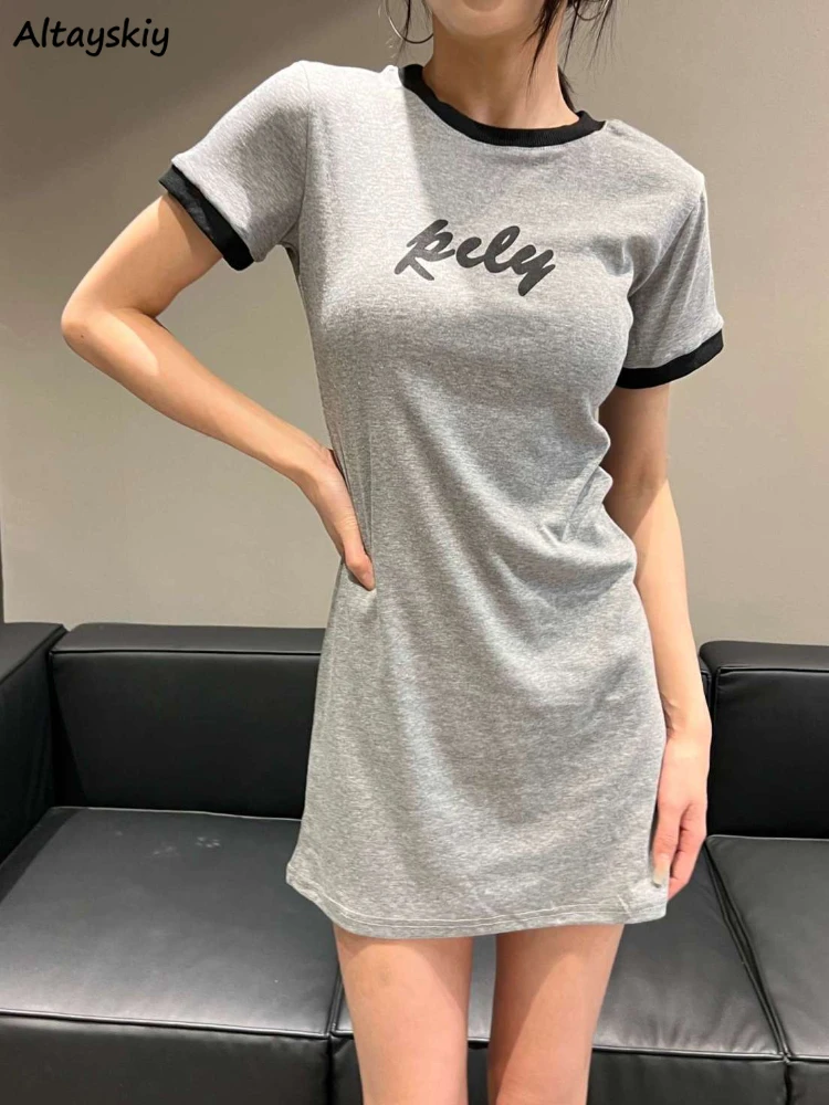 

Short Sleeve Dresses Women Mini Casual Simple Letter Summer Straight Elegant Preppy Sweet Lovely Girls Daily Korean Fashion Chic