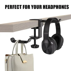 Alumínio Gaming Headphone Stand, Dual Headset Hanger Hook, Ajustável girar braçadeira do braço, Under Desk Space Save Clip Mount