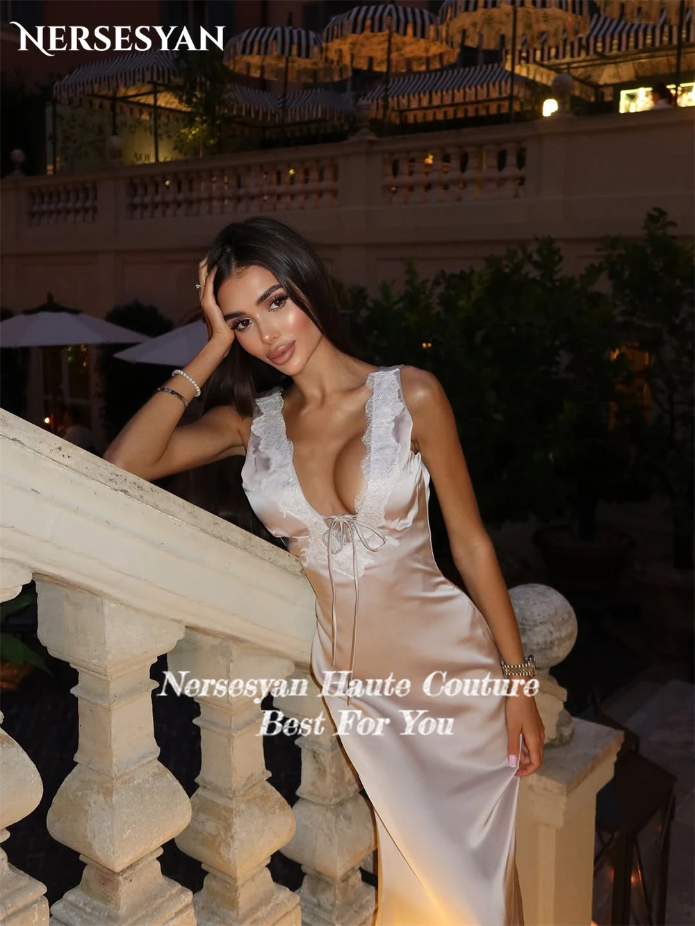 Nersesyan Blush rose dentelle sirène robes de soirée Applique Bow robe formelle brillant moulante robes de soirée pлатя жіно Kuy personnalisé