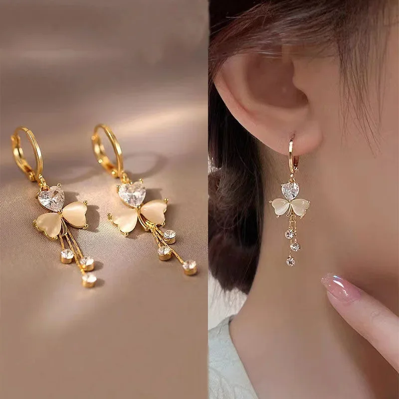 Temperament Clover Crystal Opal Flower Drop Dangle Earring for Women Charm Gold Color Long Tassel Stud Bride Jewelry Accessories
