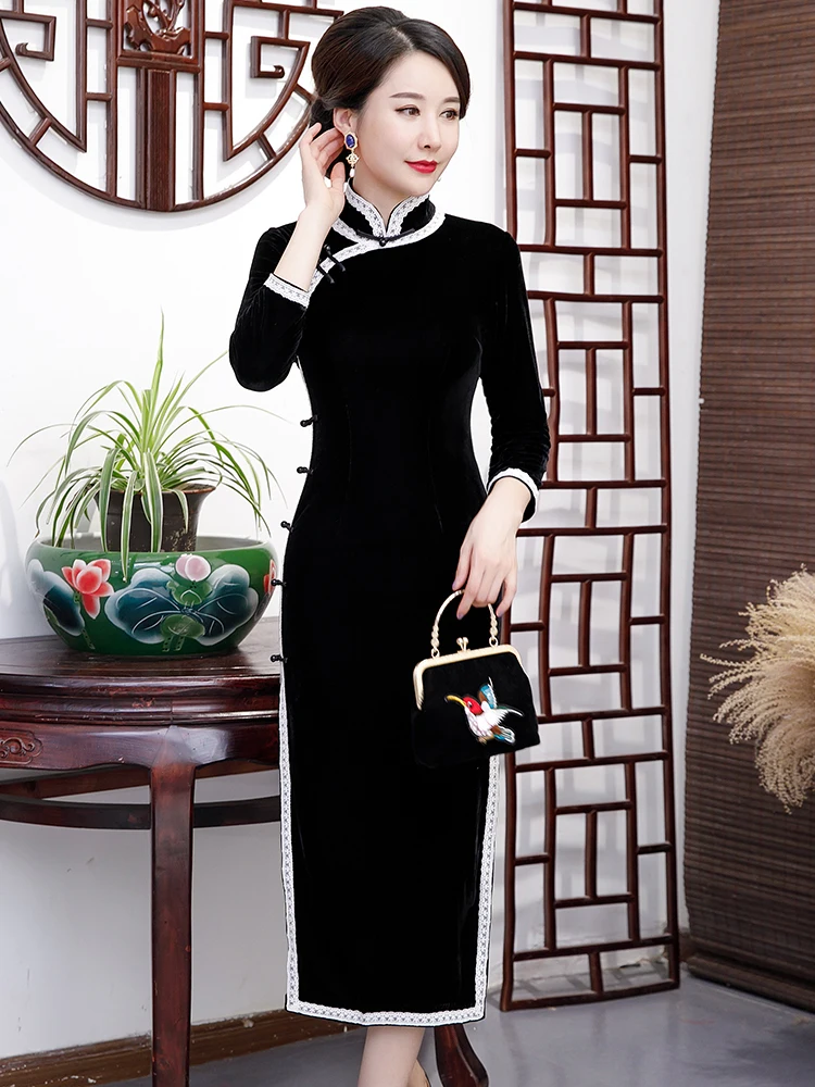 

Ele Young Mom Wedding Dr High End Wedding Attire Sli Vintage Velvet Long Qipao for Brideom's Mother
