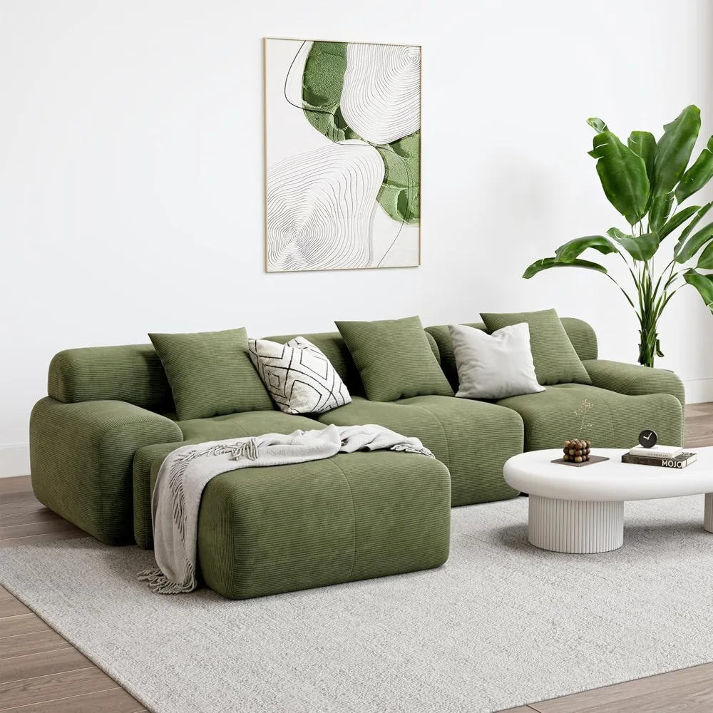 

118" Modern L-Shaped Sectional Sofa in Corduroy Fabric, Oversized 3-Seater with Deep Seat and Removable Footstool