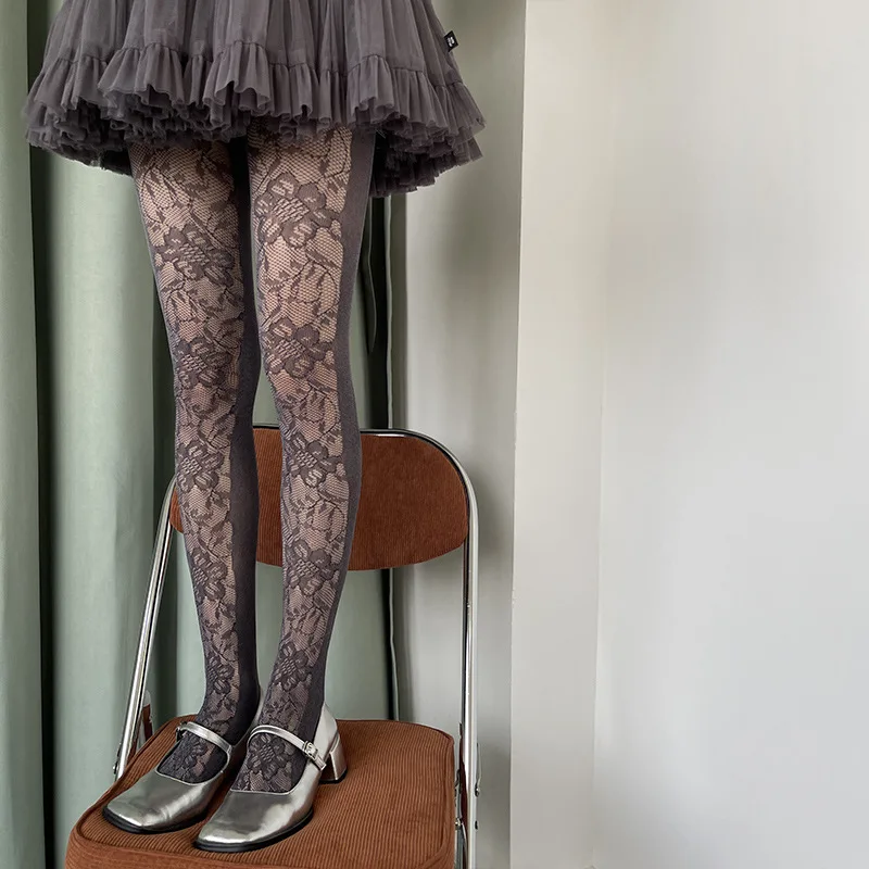 Fashion Front Floral Jacquard Women's Pantyhose Hollow Out Breathability Hottie Retro Black Purple Lace Tights