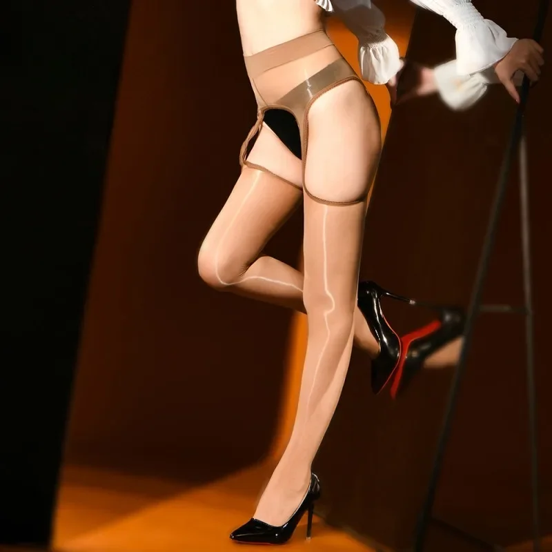 Four Sided Open Crotch Pantyhose Women Sexy Oil Shiny See Through Stockings Erotic Lingerie Tights Ultra-thin Hollow Leg Hosiery