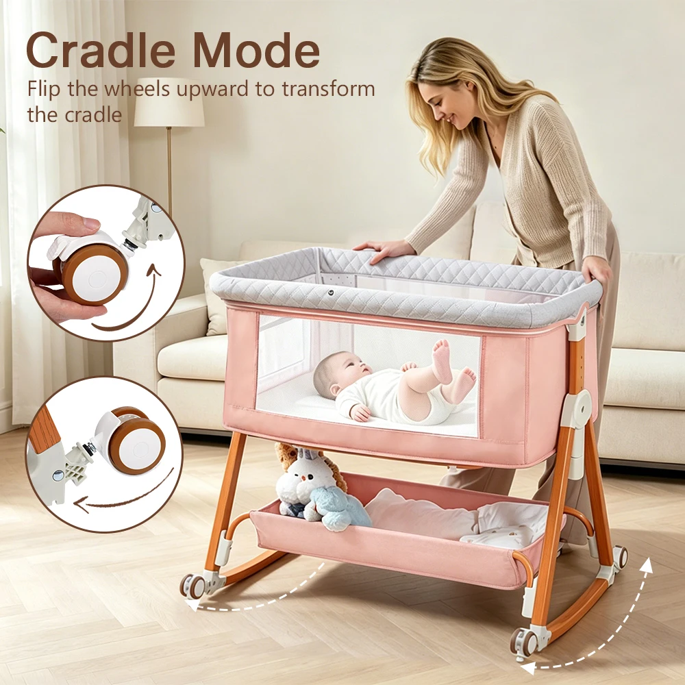 Baby Crib, Cribs and Bassinets Bedside Sleeper Baby with Wheels Portable Newborn Bassinet with Mosquito Net and Storage Basket