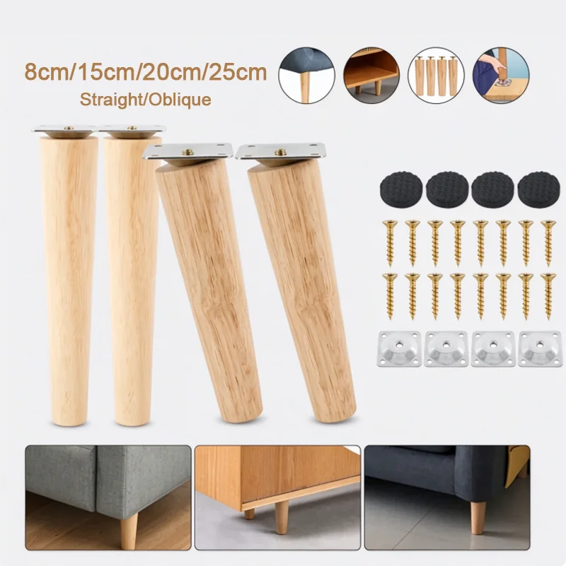 4Pcs 8/15/20/25cm Furniture Legs Wooden Solid Replacement Feet Oblique/Straight for Sofa Coffee Table TV Cabinet Dining Chair