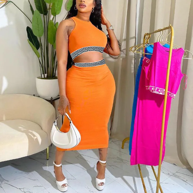 

Sexy Slim Print Suit For Women Elegant O-neck Sleeveless Vest Top Midi Package Hip Skirt Two Piece Set 2024 Summer Fashion New