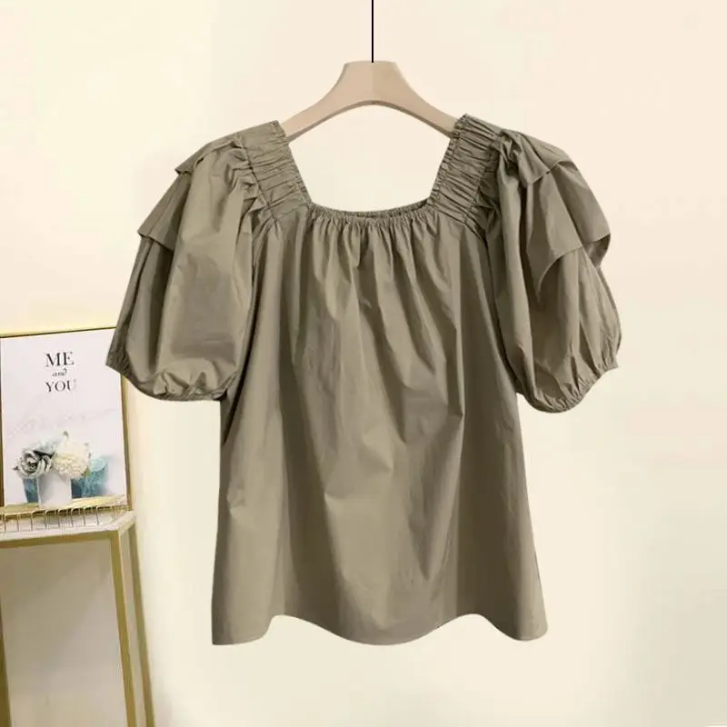 2024 Summer Square Neck Bubble Sleeve Shirt Top Fashionable Slim Fit Shorts Large Fat mm Two Piece Set for Women