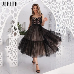 JEHETH Black Polka Dots Prom Dress Women Tulle Open Back Bow Lace Sweetheart A Line Evening Party Dresses Tea Length Customized