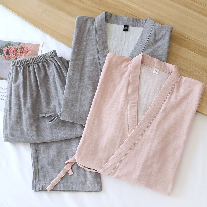 New spring and summer Japanese kimono two-piece couple pajamas set cotton loose large size men and women long sleeve trousers