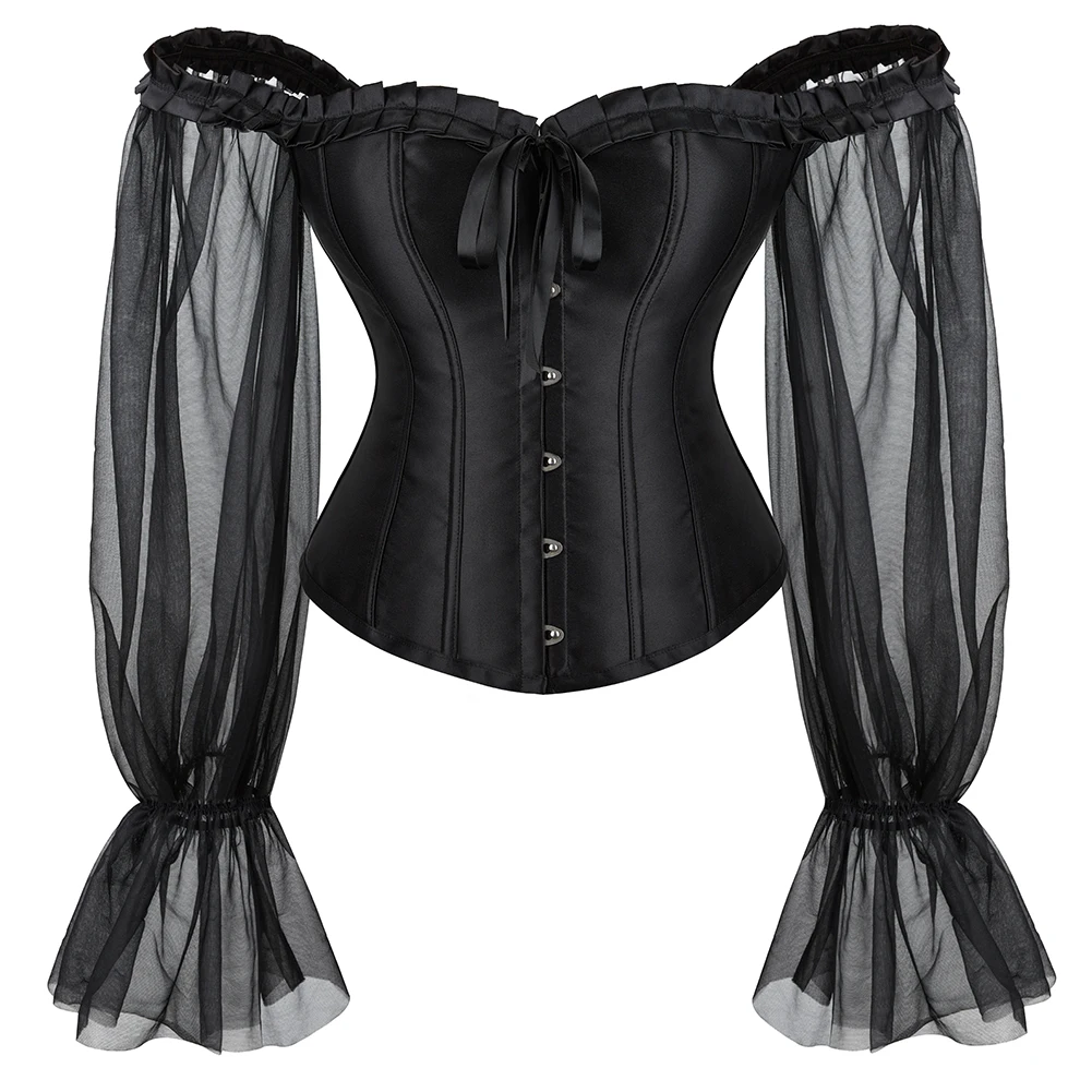 Off Shoulder Gothic Corselet Overbust Corset Black Sheer Long Sleeve Bustier Top Korset Basques