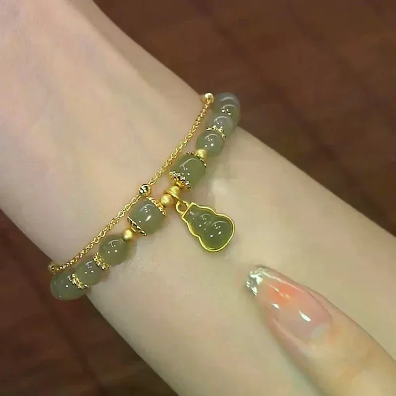 Chinese Style Imitation Jade Gourd Pendant Bracelet For Women Girls Double Layer Chain Lucky Beaded Bracelet Jewelry Party Gift