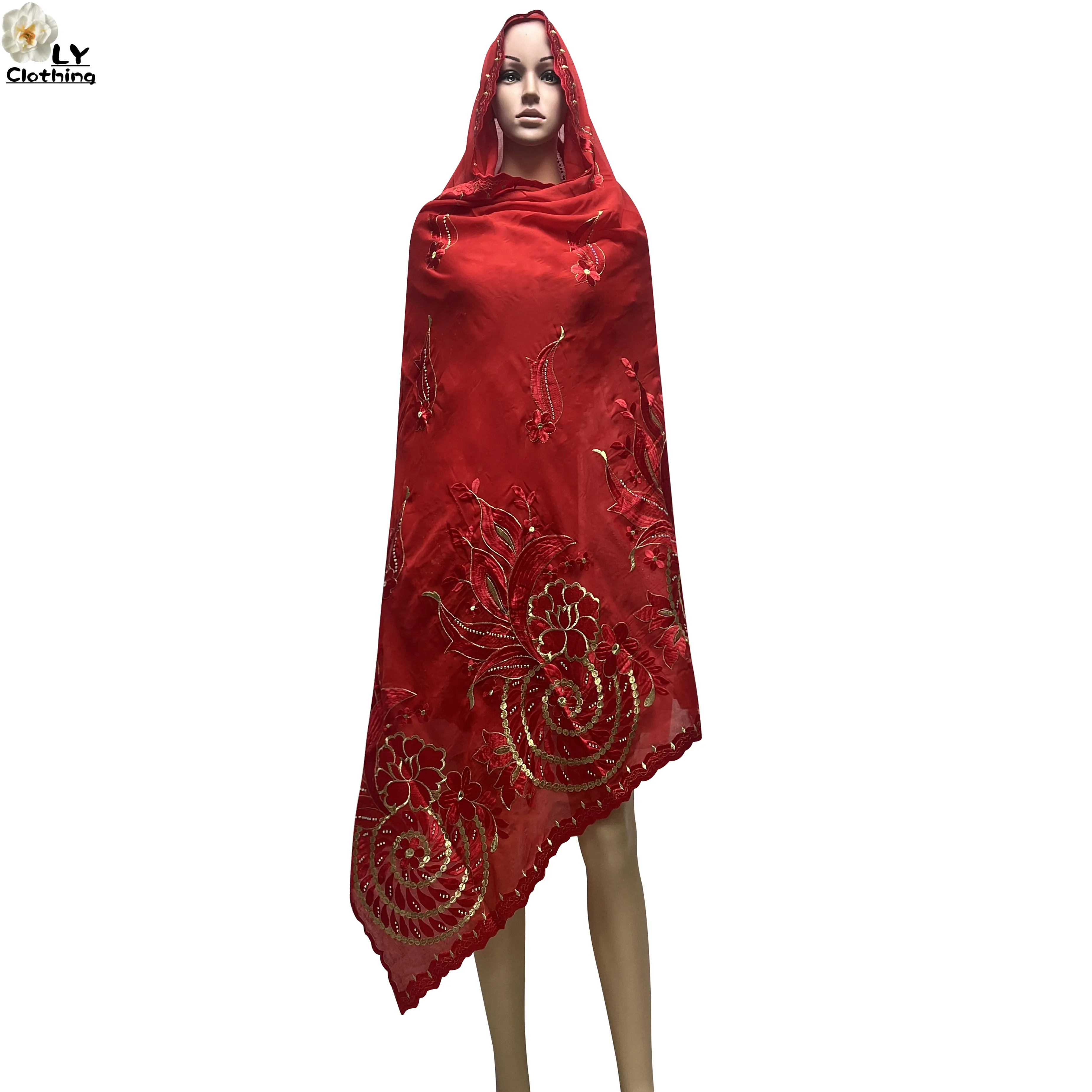 Latest High Quality 100% Cotton Fabric Eembroidered Scarf 2024 African Women Hijab Muslim Scarf Dubai Luxury Women Shawls Scarf