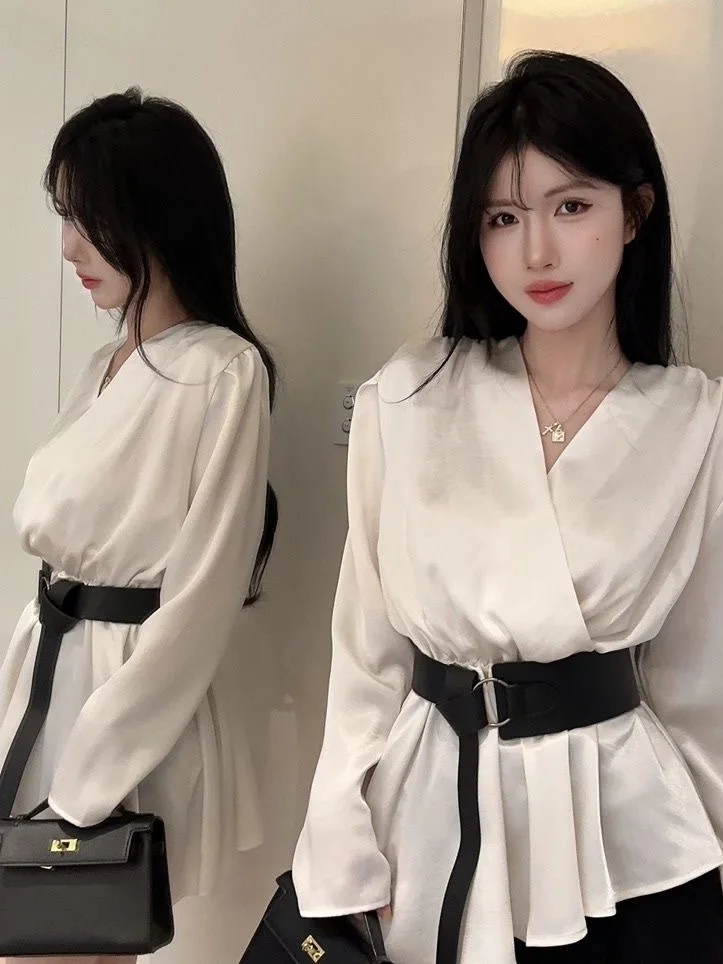 

Women's Fashion Shirt V-Neck Splice Irregular Waist-Cinching Bubble Sleeve Long Sleeve Polyester Commute Style Regular Fit