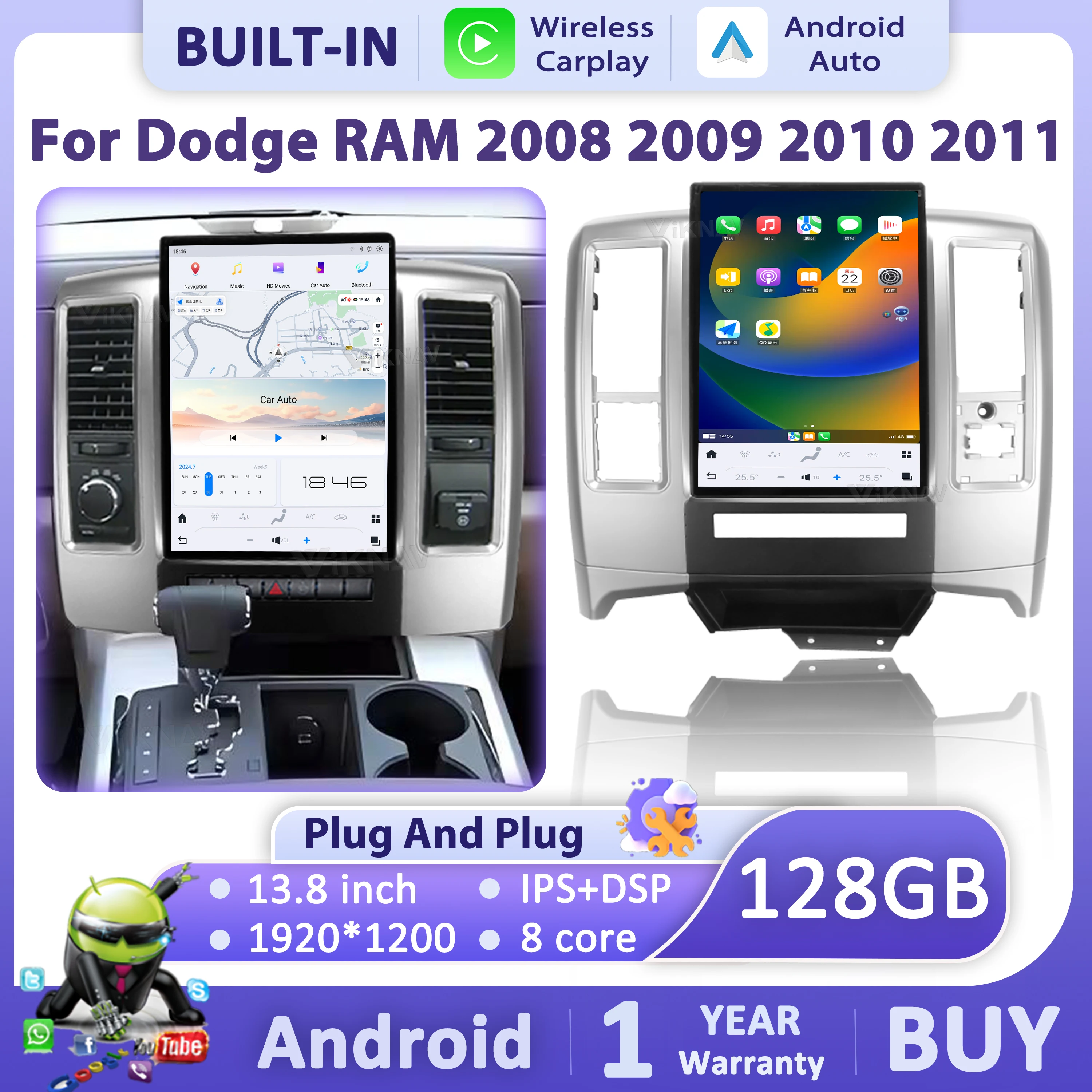 

Для Dodge Ram 1500 2008-2012: Автомагнитола Android с Apple CarPlay, Android Auto, GPS, сенсорным экраном Tesla, обновленный мультимедийный плеер/головное устройство