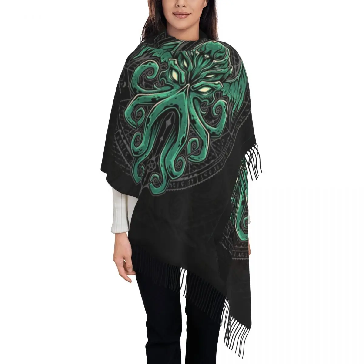 Ladies Large Lovecraft Great Cthulhu Scarves Women Winter Soft Warm Tassel Shawl Wraps Horror Monster Octopus Tentacle Scarf