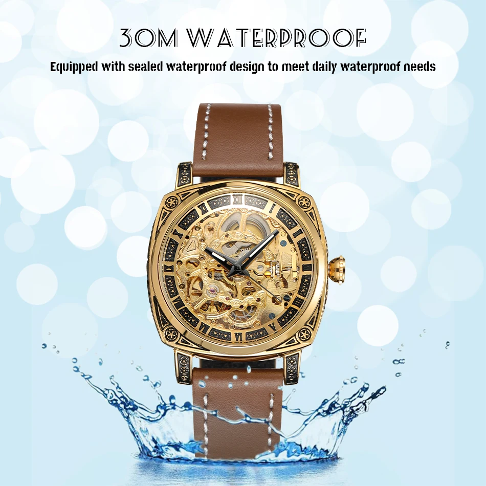 2024SKROX Fashion Gold Women Steel Skeleton Automatic Mechanical Luxury Wrist Watches Ladies Waterproof Leather Relogio Feminino