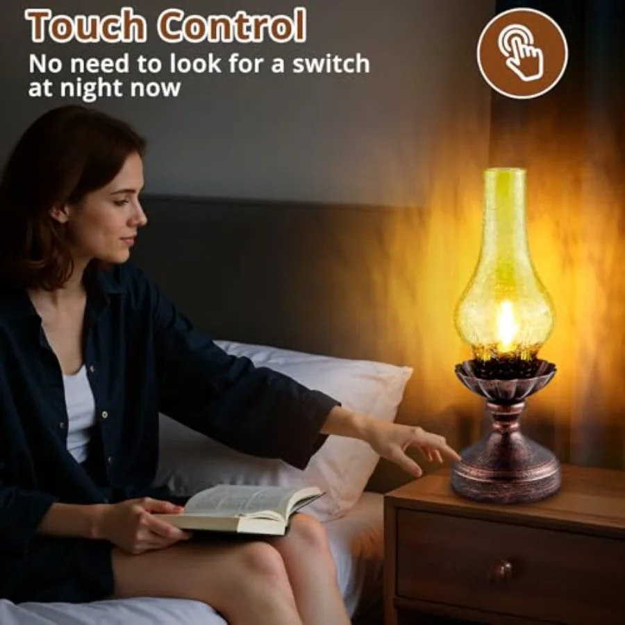 โคมไฟตั้งโต๊ะสไตล์วินเทจแบบสัมผัส ปรับความสว่างได้ 3 ระดับ สไตล์เรโทรแบบชนบท โคมไฟข้างเตียงพร้อมโคมแก้วสีเหลืองอำพันและหลอดไฟ LED สำหรับข้างเตียง