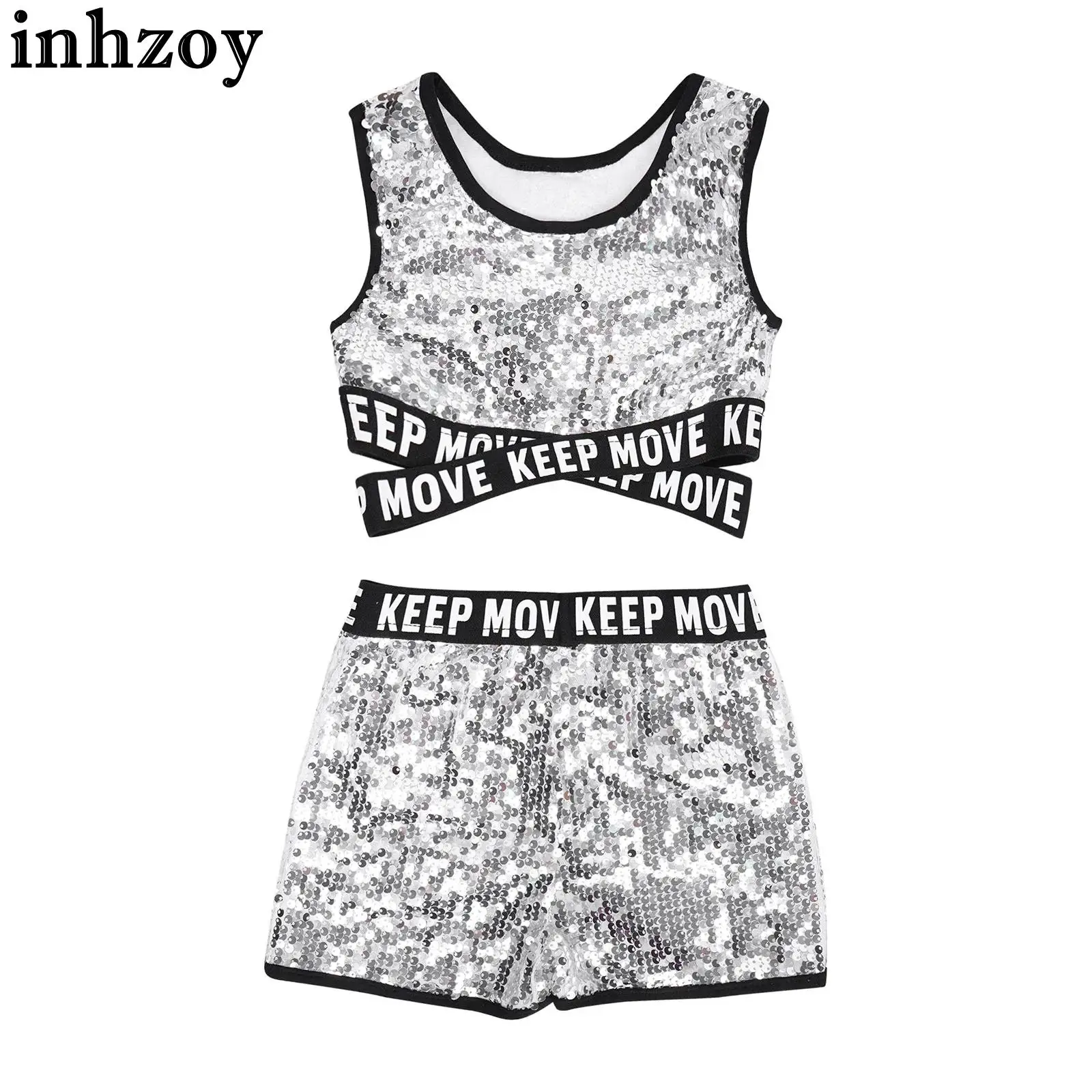 

Kids Girls Jazz Dance Set Fashion Sparkling Sequins Sleeveless Crop Top with Shorts Hip Hop Street Dancing Performance Dancewear