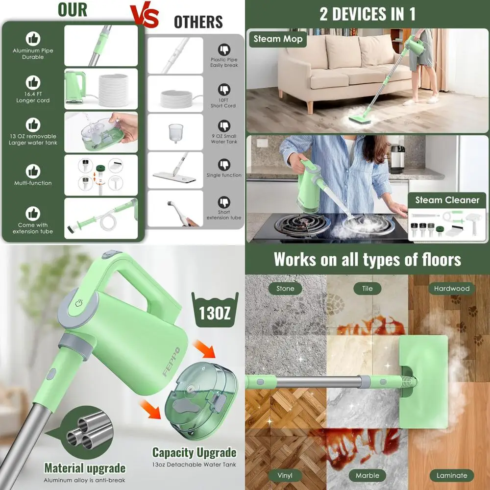 

Quick Heat-Up Steam Mop & Handheld Cleaner for Deep Home Floor Cleaning, 230°F Steam, Multi-Purpose Attachments for Hardwood, Ti