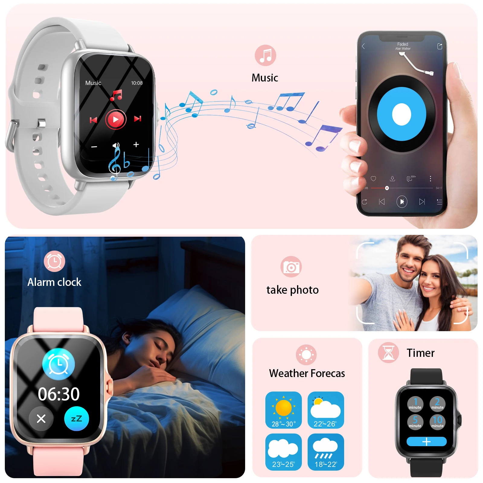 Smartwatch, muziek afspelen, weersvoorspelling, sportmodus, camerabediening, sporttracker smartwatch voor trainingen