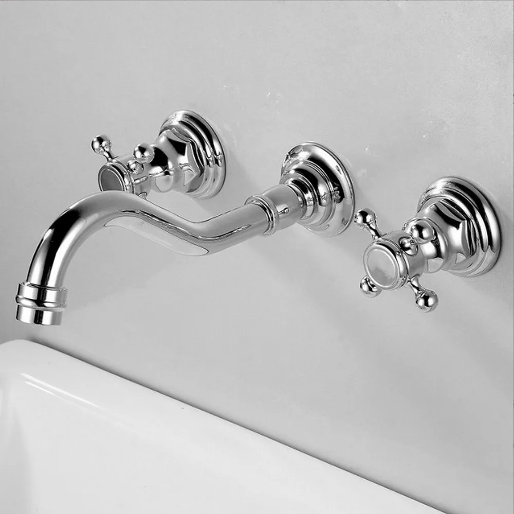 Bathroom Brass Dual Cross Handles Basin Sink Faucet Wall Mount Bathroom Mixer Tap Polished Chrome Nsf494