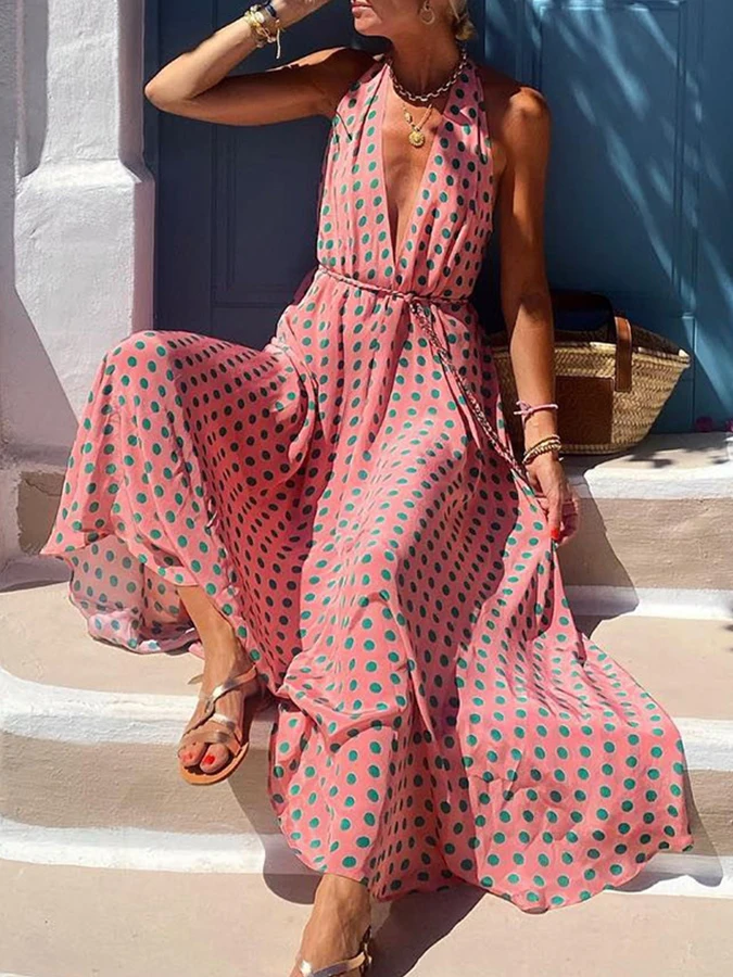 V Neck Polka Dots Printed Holiday Maxi Dress