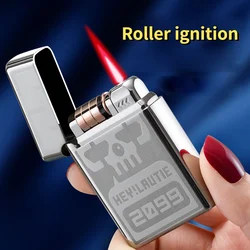 New Unusual Roller Ignition Red Flame Cigarette Lighter Butane Gas Straight-through Windproof Metal Lighter Men's Boutique Gift