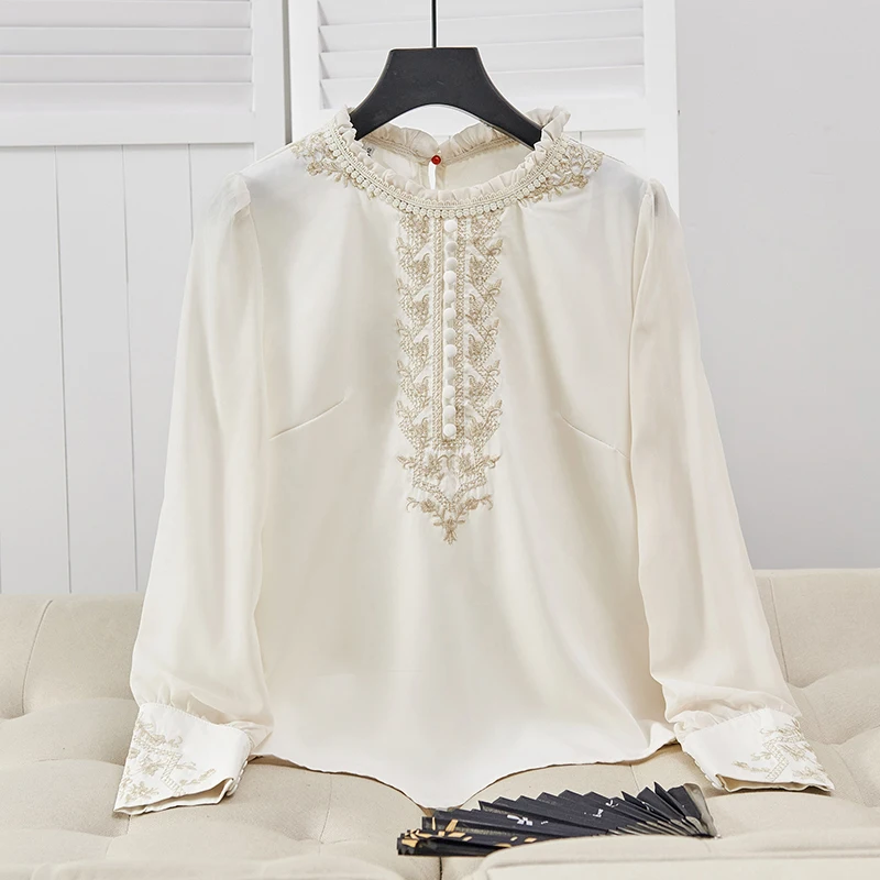 Chinese Style Shirt Embroidered Lace Crewneck Pullover Imitation Mulberry Silk Long Sleeve Blouse Vogue Commuter Women Clothing