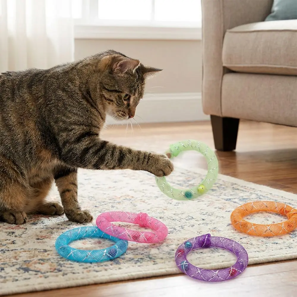 5Pcs Bell Sounds Circle Bell Cat Toy Soft Mesh Bite Resistant Cat Interactive Grid Tube Bouncing Spring Colorful Cat Hose Toy