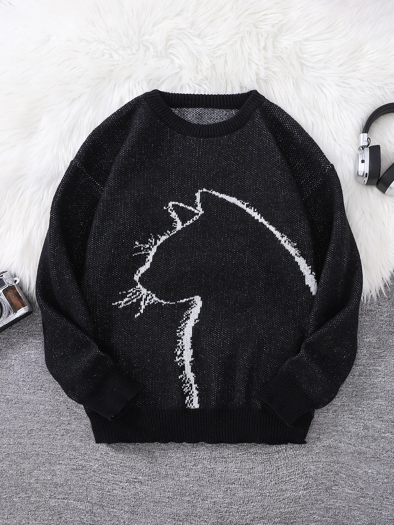 

New Popular Autumn and Winter Simple Kitten Jacquard Double-Sided Pattern Pullover Sweater Casual Round Neck Knitted Men's Pullover