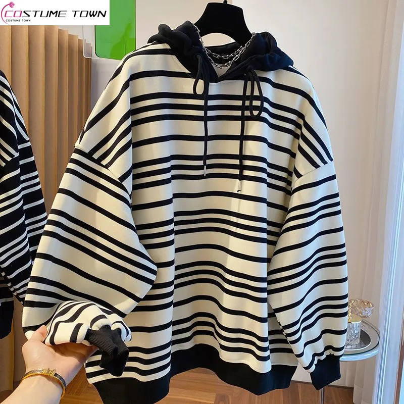 

Autumn/Winter Korean New Women's Fashion Striped Hoodie Loose Lazy Style Coat